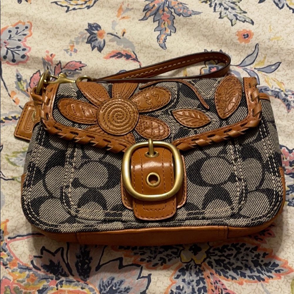 Coach denim embossed leather wristlet